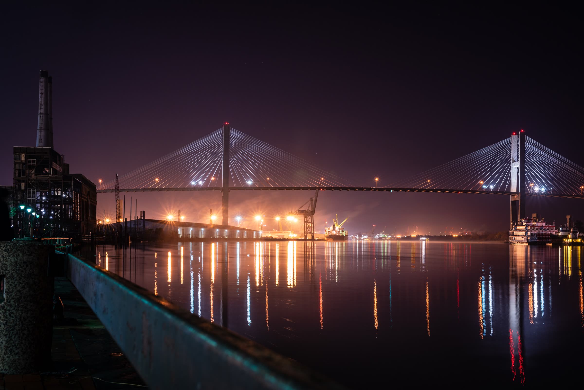 The Talmadge Memorial Bridge lit at night over the Savannah River, Savannah, Georgia